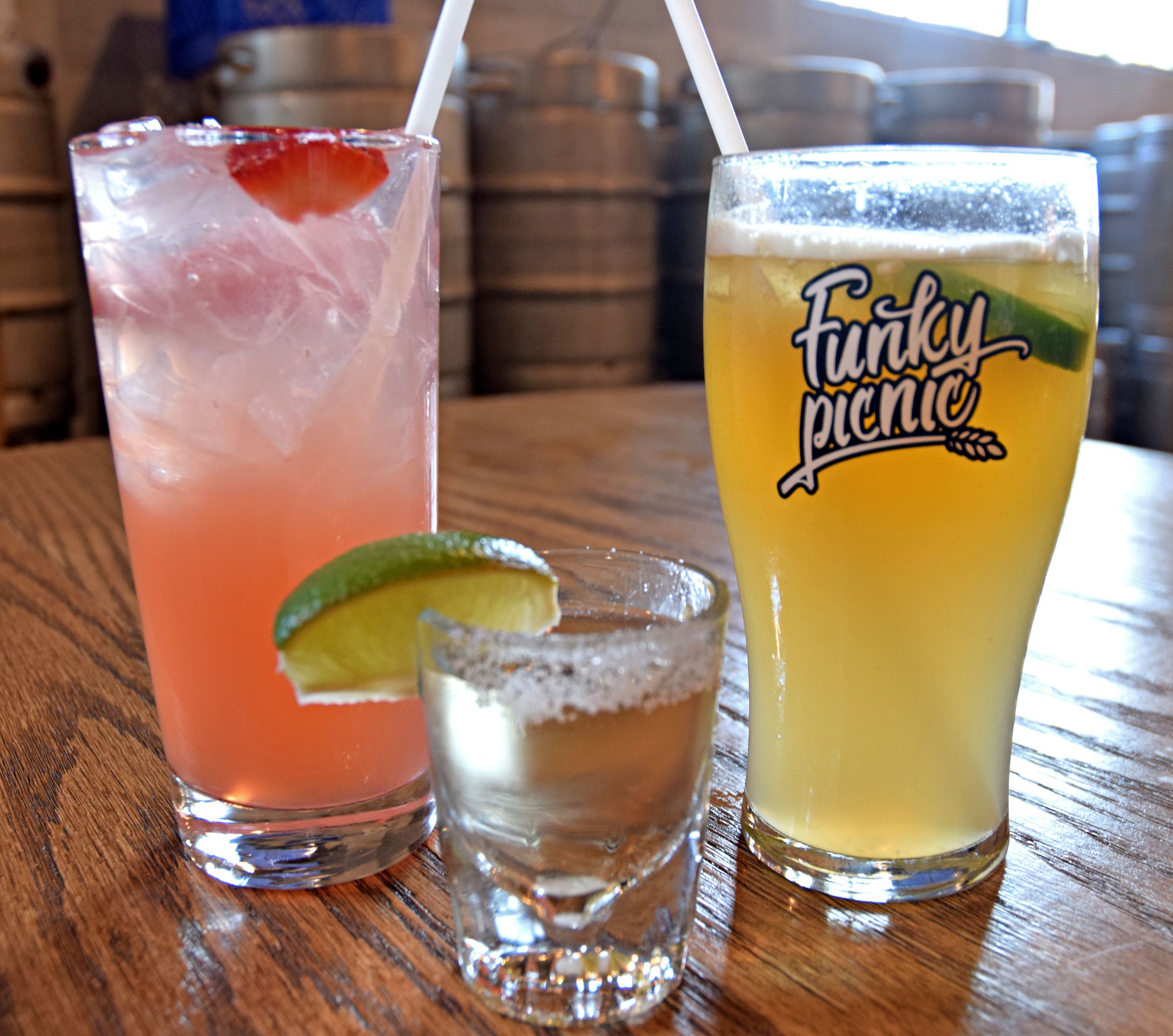Cocktails and tequila shot on a table