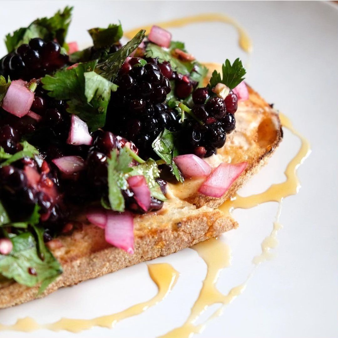 Blackberry Bruschetta - Toast topped with blackberries, cilantro, onions, and honey